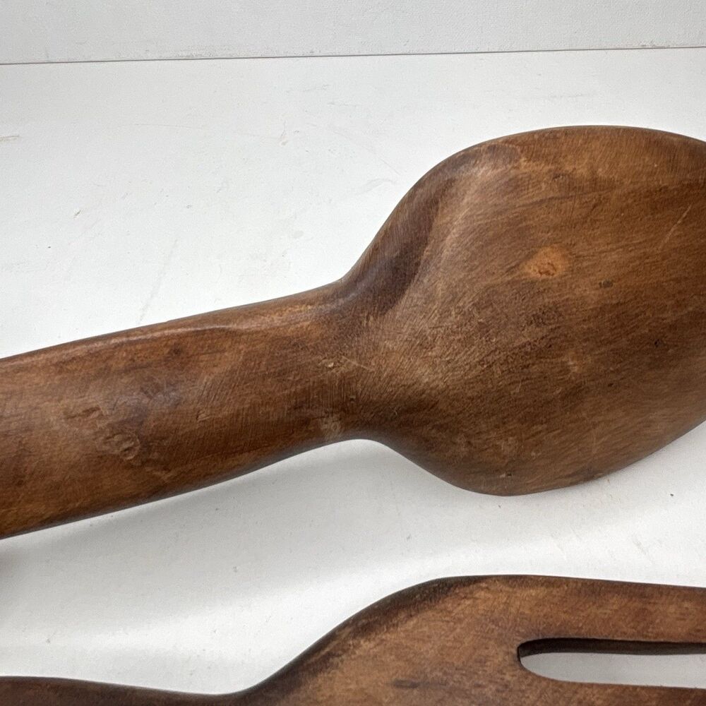 Vintage Made in Philippines 12” Carved Wood Salad Serving Spoon Fork Set MCM - Picture 16 of 16